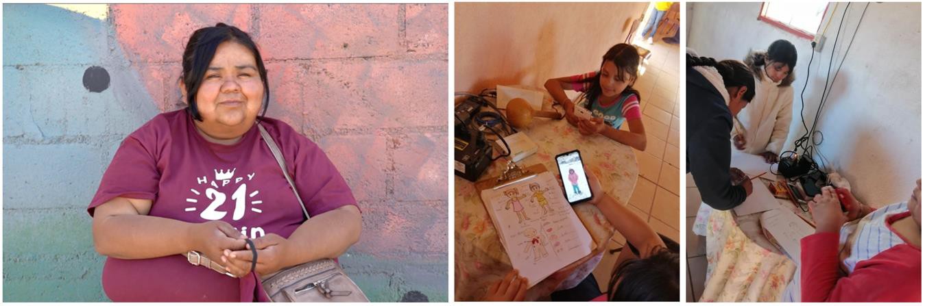91 Delfina izq artesana y promotora de la comunidad.jpg Delfina (izq.), artesana y promotora de la comunidad Pai Pai, enseña cantos tradicionales y lengua originaria a niñas y niños de Santa Catarina, en Baja California.