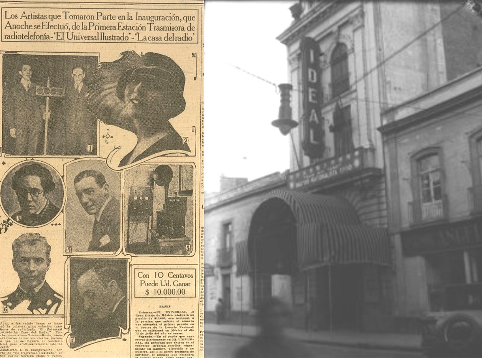 La radio comercial en México.jpg "La radio comercial en México, se inclinó por el modelo estadounidense, en el que los periódicos de gran circulación, operaban una “poderosa estación de radiofonía.” El primer programa de radio en la Ciudad de México, se difundió desde el Teatro Ideal, ubicado en el centro histórico. Fotos disponibles en: https://www.eluniversal.com.mx/mochilazo-en-el-tiempo/la-inauguracion-de-la-primera-estacion-transmisora-en-mexico