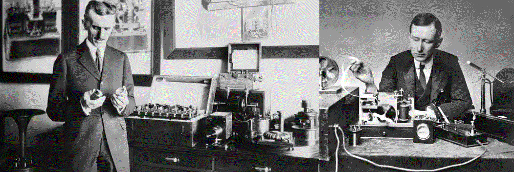 Nicola Tesla Heinrich Hertz y Guillermo Marconi.png Nicola Tesla, Heinrich Hertz y Guillermo Marconi, son los eslabones más fuertes de una cadena de investigadores y experimentadores que, en el tránsito del siglo XIX al XX, contribuyeron a la aparición de uno de los medios de comunicación más útiles y sorprentes. Fotografías disponibles en: https://arvm.mx/100-anios-de-la-radio/