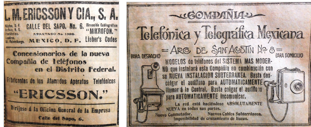 Anuncios de las compañías Ericsson.png Anuncios de las compañías Ericsson y Telefónica y Telegráfica Mexicana. El Imparcial 1912.
