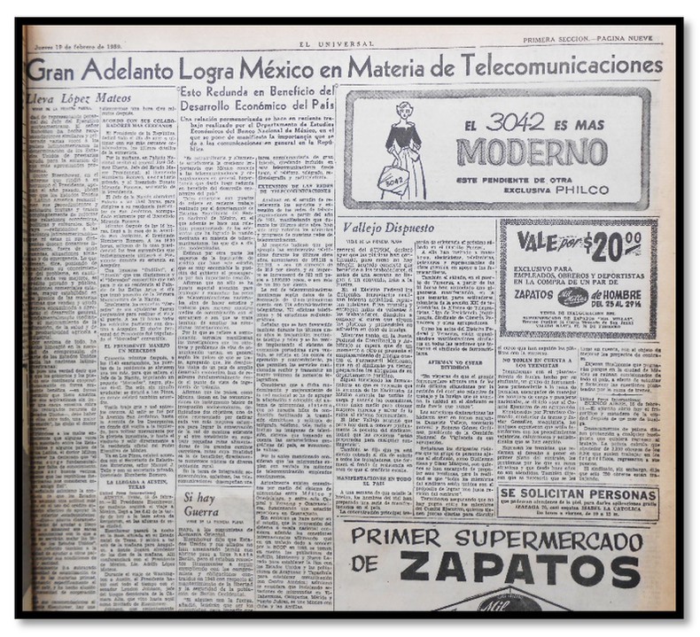 TELECOMUNICACIONES 02.jpg La prensa nacional reconocía el esfuerzo de la Secretaría de Comunicaciones y Transportes en el campo de las telecomunicaciones. El Universal jueves 19 de febrero de 1959.