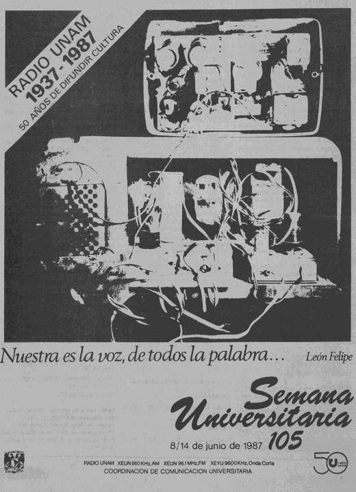 Al cumplir 50 años Radio UNAM celebró su misión.jpg Al cumplir 50 años, Radio UNAM celebró su misión, su historia y su permanencia como una estación cultural abierta a las múltiples voces que dieron vida al ideal universitario de servir a México. Foto recuperada: Gaceta UNAM, junio 1987.