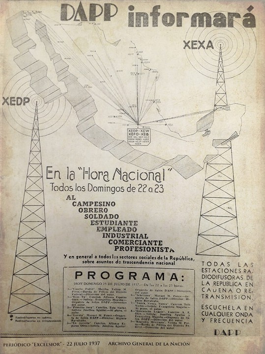  Con la creación del Departamento Autónomo de Prensa y Publicidad (DAPP), en enero de 1937, el gobierno de Lázaro Cárdenas intrumentó una política de comunicación social de masas con la que se propuso difundir, mediante campañas y programas de radio, la riqueza histórica, cultural y artística de México.  Foto recuperada de: El Tiempo y su Memoria.