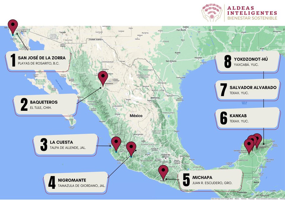 4 Se instalaron ocho Aldeas Inteligentes con perspectiva de género.jpg Se instalaron ocho Aldeas Inteligentes con perspectiva de género, en 5 estados de la República Mexicana: Baja California, Chihuahua, Guerrero, Jalisco y Yucatán. Imágenes satelitales de Google Maps.