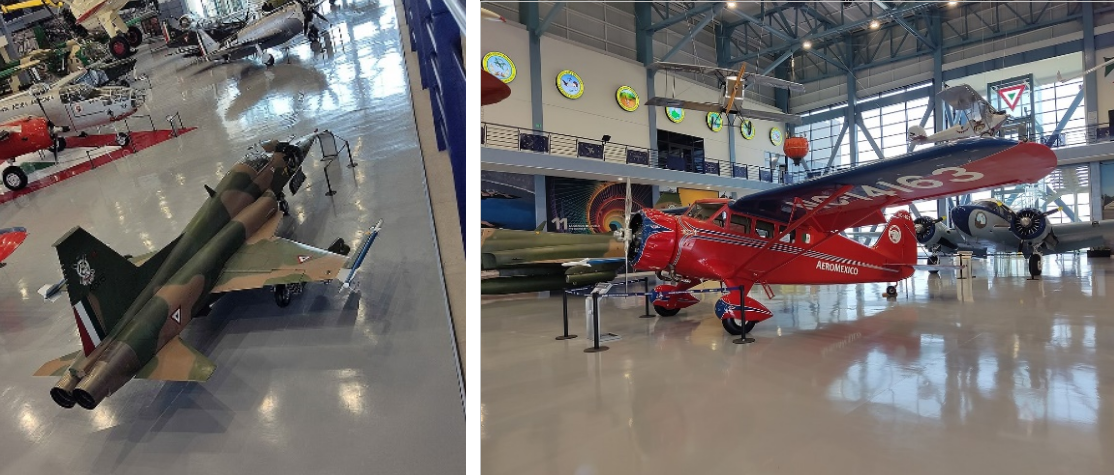 Avión de combate Northrop F-5E Tiger II adquirido en 1982 por la Fuerza Aérea Mexicana;  y un monoplano de turismo, entrenamiento y enlace Stinson SR-5A Reliant de Aeronaves de México https://es.wikipedia.org/wiki/Museo_Militar_de_Aviaci%C3%B3n_(M%C3%A9xico)#/media/Archivo:F-5_E_Mex_AirForce_at_NLU.jpg / https://es.wikipedia.org/wiki/Museo_Militar_de_Aviaci%C3%B3n_(M%C3%A9xico)#/media/Archivo:Stinson_SR-5A_Aerom%C3%A9xico.jpg