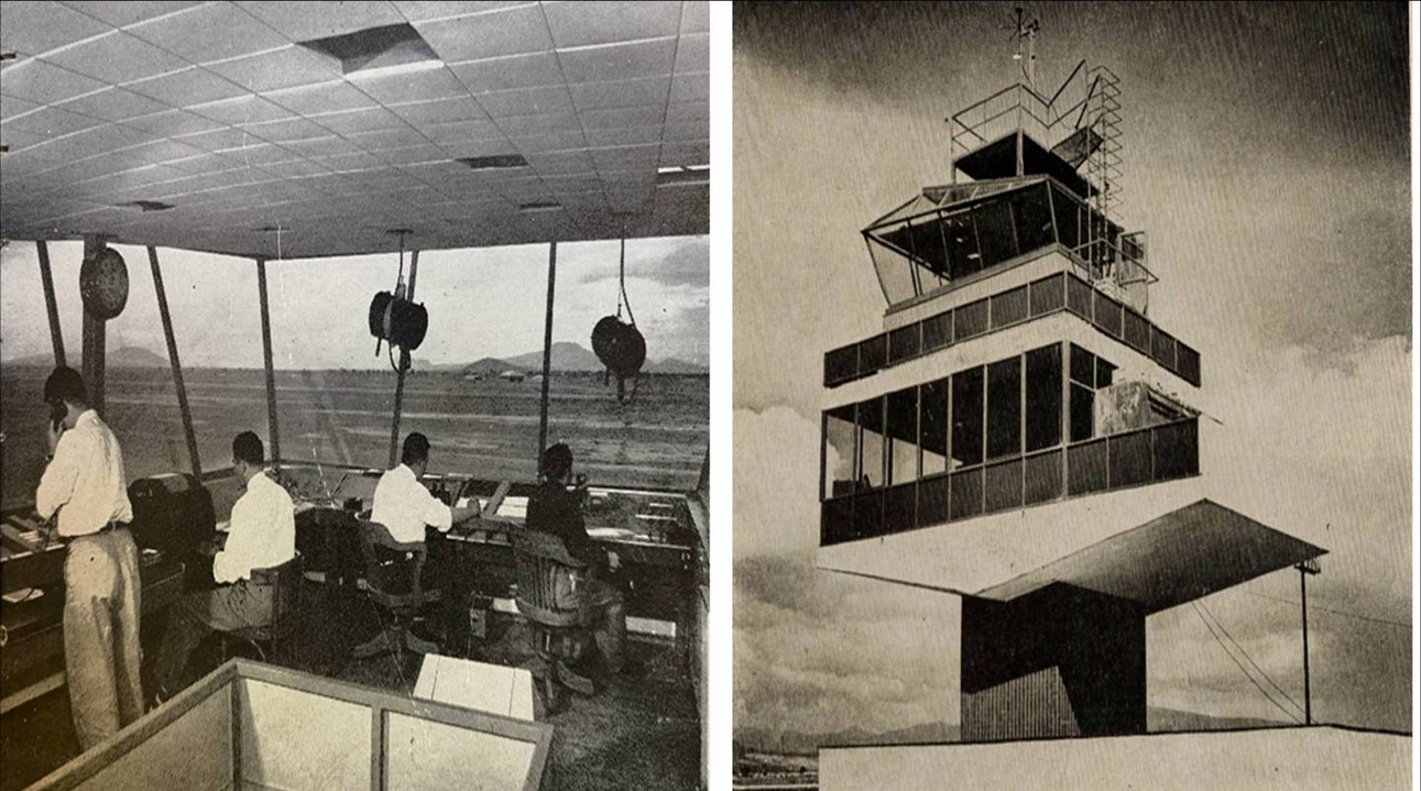 Desde su moderna torre de control se coordinaba con precisión el tráfico.jpg Desde su moderna torre de control se coordinaba con precisión el tráfico, y la salida y llegada de todos los vuelos nacionales e internacionales del nuevo Aeropuerto Central de México. Memorias SCOP 1953-1954.