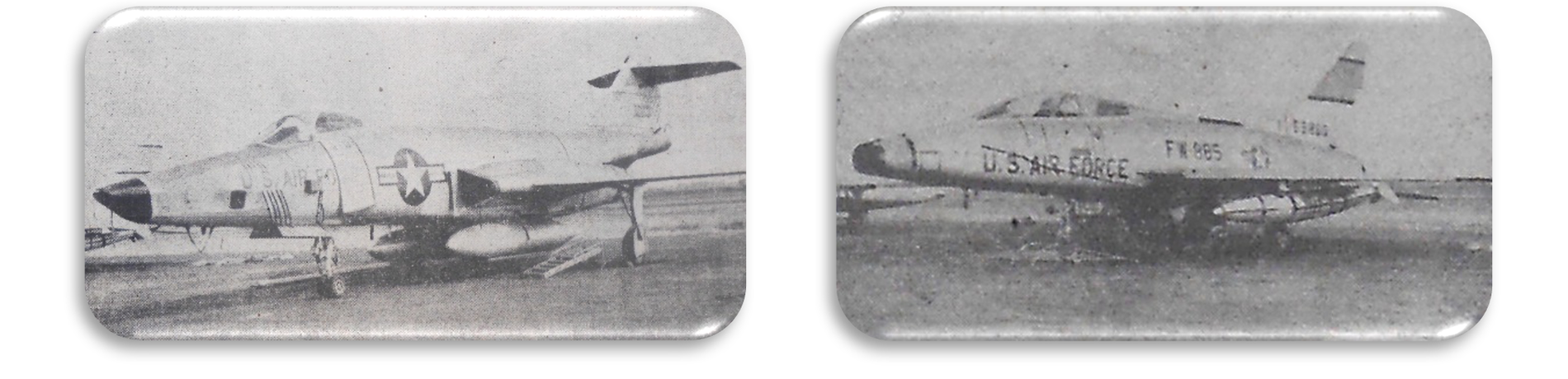 Dos poderosos Jets llegaron de Estados Unidos para participar en la exposición que se llevó a cabo en el Aeropuerto Central de la Ciudad de México: el “Voodoo F.101 -el más veloz del mundo- que alcanza una velocidad del doble del sonido, y el F. 100 que usa un paracaídas de cola para poder frenar en el aterrizaje. El Universal.