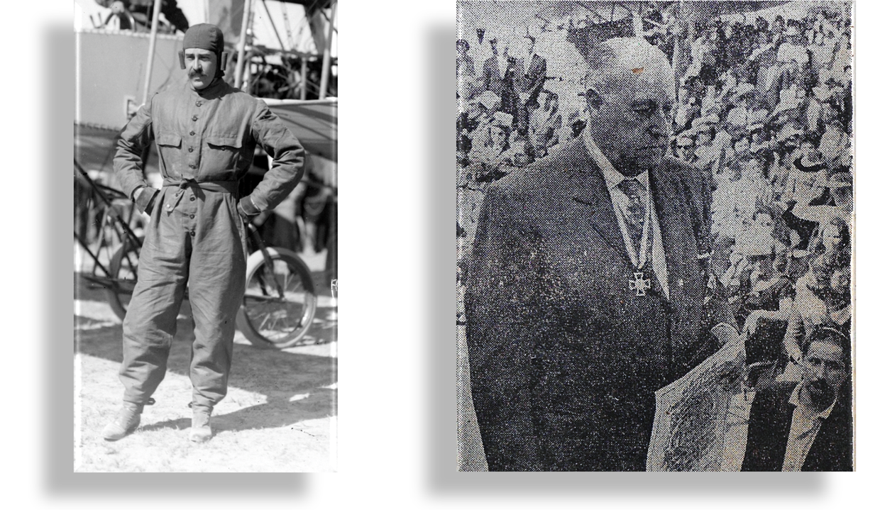 1910 Alberto Braniff posa al frente de su avión voisin en los llanos de Balbuena. 1960 don Alberto luce orgulloso su cruz y su diploma como reconocimiento a su hazaña. Reproducción autorizada por el INAH / El Universal.