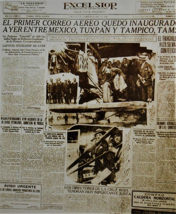 3 Pionera en muchos aspectos Mexicana de Aviación.jpg Pionera en muchos aspectos, Mexicana de Aviación inauguró el correo aéreo en 1928. Libro: Mexicana la primera siempre será la primera.