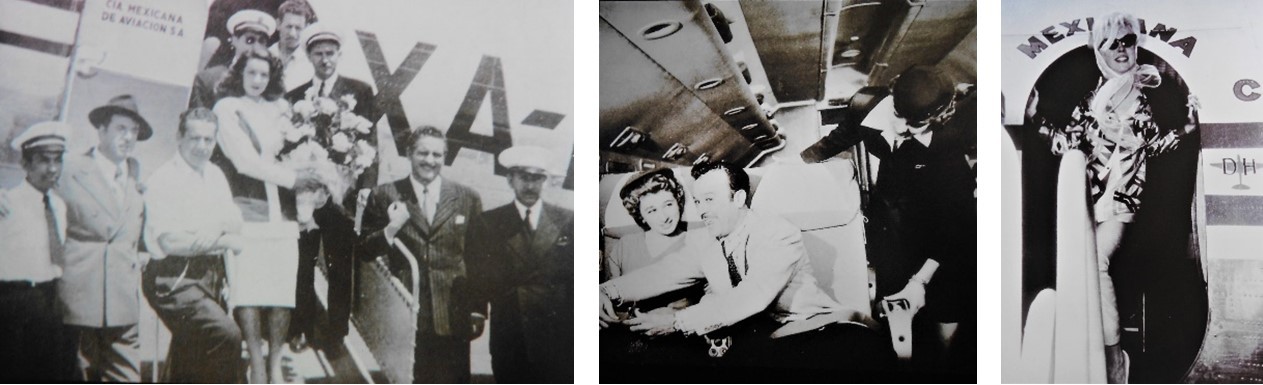 6 María FéliX Arturo de Córdoba Pedro Infante y Jane Mansfield.jpg María Félix, Arturo de Córdoba, Pedro Infante y Jane Mansfield, viajeros frecuentes de Mexicana de Aviación. Libro: Mexicana la primera siempre será la primera.