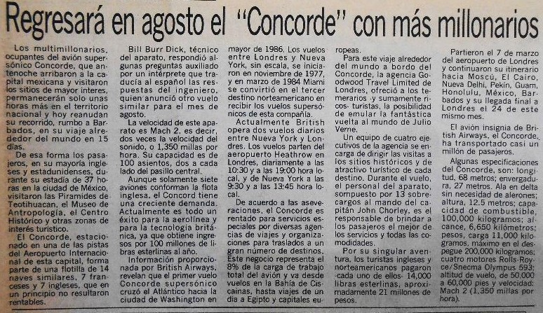 5 El Universal da cuenta de uno de los viajes del Concorde.jpg El Universal da cuenta de uno de los viajes del Concorde a México. Sábado 21 de marzo de 1987.