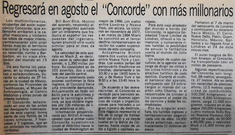 El Universal da cuenta de uno de los viajes del Concorde a México. Sábado 21 de marzo de 1987.