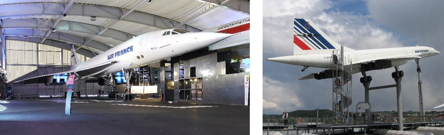 Un par de aviones Concorde se exhibe al público en Francia y Alemania respectivamente. https://upload.wikimedia.org/wikipedia/commons/9/94/Concorde_Air_France_Musee_du_Bourget_P1020006.JPG https://upload.wikimedia.org/wikipedia/commons/e/ed/ConcordeSinsheim.jpg