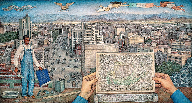 4 Atraído por el paisaje la visión panorámica.jpg Atraído por el paisaje, la visión panorámica y las escenas alegóricas, O’ Gorman fue uno de los artistas que mejor plasmó en sus obras, el espíritu de la modernidad mexicana. Imagen: La ciudad de México.