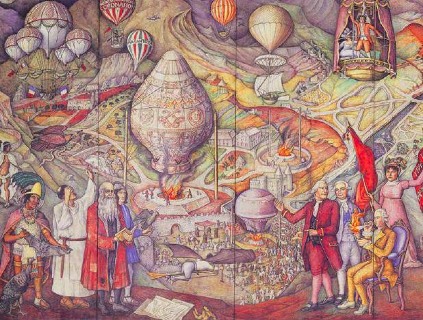 5 Conocedor de la cosmogonía prehispánica.jpg Conocedor de la cosmogonía prehispánica, O’ Gorman incluyó en su mural, al Rey poeta Nezahualcóyotl sujetando un murciélago, modelo natural y perfecto del vuelo. Imagen: La conquista del aire por el hombre.