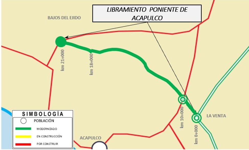 Mapa que muestra el trazo del Libramiento Poniente de Acapulco en su primera etapa.jpg Mapa que muestra el trazo del Libramiento Poniente de Acapulco en su primera etapa que va de La Venta hasta Bajos del Ejido. SICT.