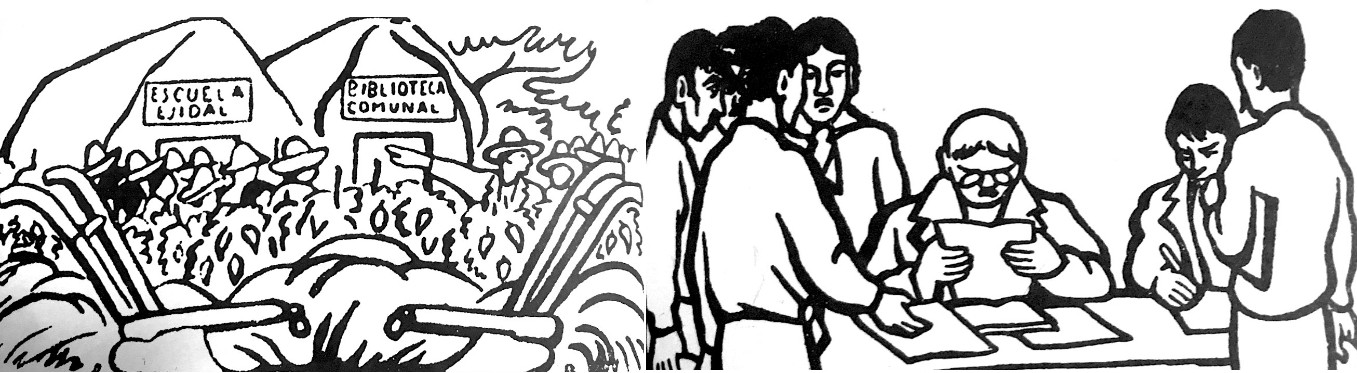 Los establecimientos escolares y culturales (bibliotecas), los maestros y los estudiantes fueron vistos como el centro del proyecto educativo del cardenismo. Fotos recuperadas del libro: Diego Rivera. Gran ilustrador.