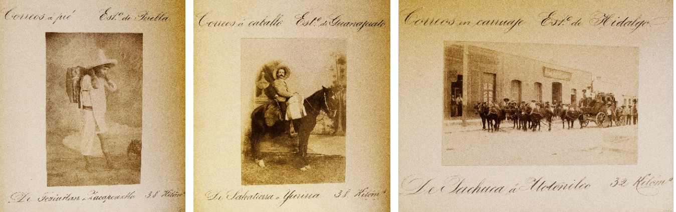 A pie a caballo y en diligencia diversas formas de transportar el correo.jpg A pie, a caballo y en diligencia, diversas formas de transportar el correo. Museo Palacio Postal. SEPOMEX.