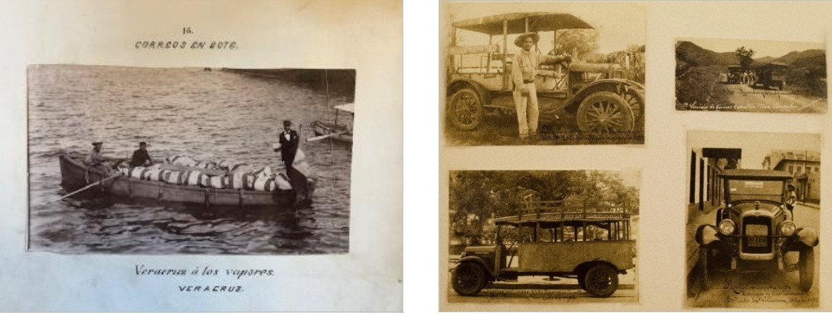 Bultos de correos en bote y en automóvil. Museo Palacio Postal. SEPOMEX.