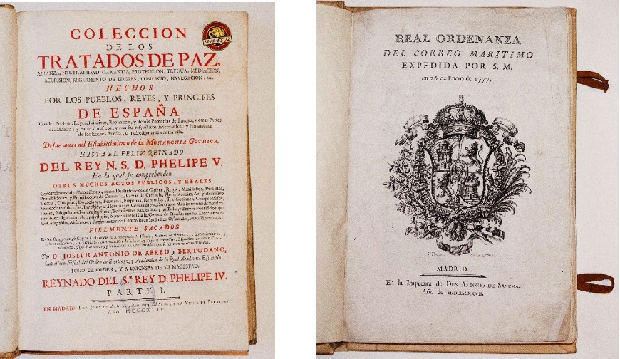 Colección de los Tratados de Paz de España.jpg Colección de los Tratados de Paz de España, 1744 y Real Ordenanza del Correo Marítimo, 1777 dos de las obras más antiguas del Acervo bibliográfico del Museo Palacio Postal. SEPOMEX
