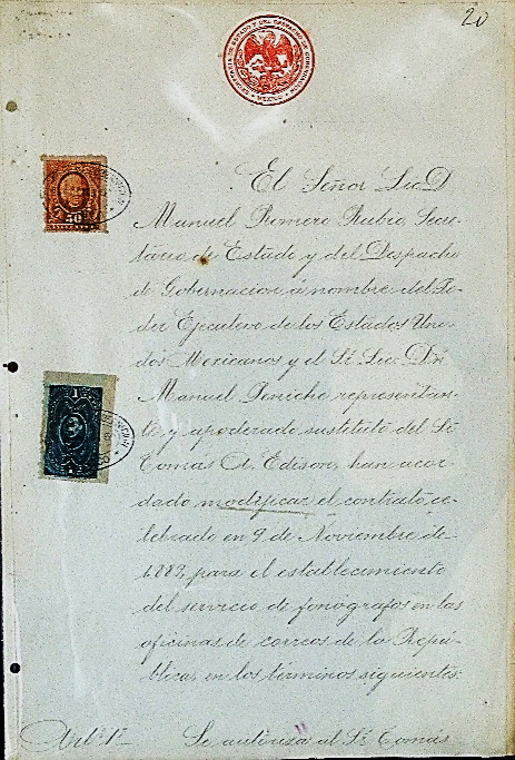Contrato entre la Secretaría de Gobernación y el representante de Tomás Alva Edison, 1890. Museo palacio Postal. SEPOMEX.