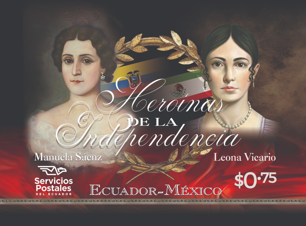 Dos mujeres que lucharon por la Independencia de sus respectivos países.jpg Dos mujeres que lucharon por la Independencia de sus respectivos países, plasmadas en un timbre como un emotivo homenaje conjunto de los Servicios Postales del Ecuador y de SEPOMEX-Correos de México. SEPOMEX-Correos de México.