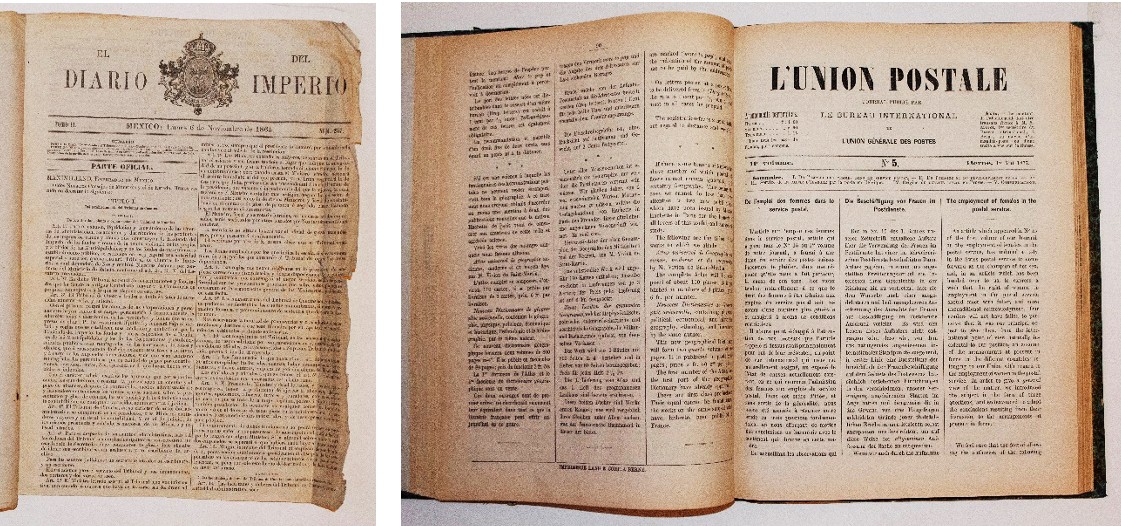 El Diario del Imperio, 1865 y el boletín L’Union Postale.jpg El Diario del Imperio, 1865 y el boletín L’Union Postale forman parte importante del Acervo hemerográfico del Museo Palacio Postal. SEPOMEX.