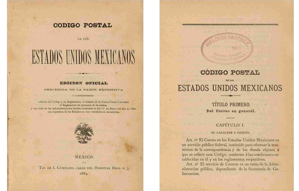 En 1884, el correo se consideró un servicio público federal instituido para efectuar la transmisión de correspondencia. Como actividad exclusiva del Estado, ninguna empresa, corporación o individuo estaría facultado para prestar el servicio postal en el territorio mexicano. Fotos recuperadas del libro: Código Postal de los Estados Unidos Mexicanos. 