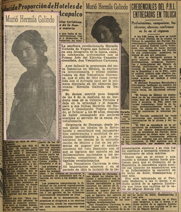 92 La prensa reportó la escritora revolucionaria .png La prensa reportó: “la escritora revolucionaria y precursora del voto femenino en México murió después de las 6 de la mañana en su casa ubicada en la colonia Portales de la Ciudad de México.” Foto recuperada de: Fomento Cívico SEGOB.