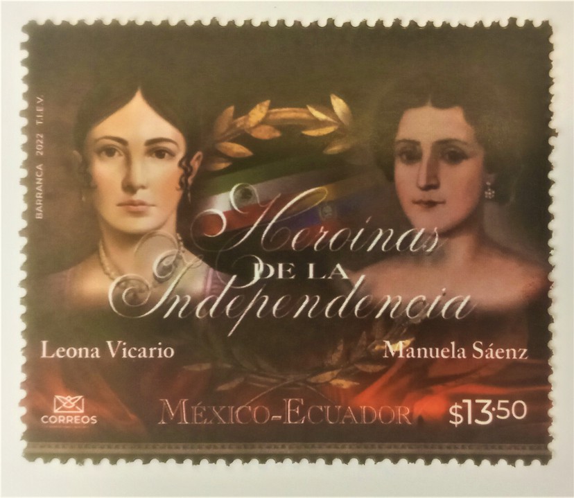 Imagen de la estampilla que honra a dos heroínas de la Independencia.jpg Imagen de la estampilla que honra a dos heroínas de la Independencia: Leona Vicario (México) y Manuela Sáenz (Ecuador). SEPOMEX-Correos de México