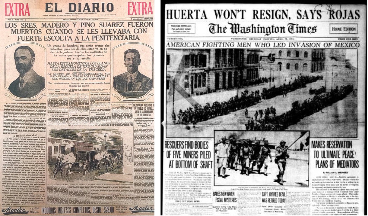 Periódicos nacionales e internacionales publicaron en primera plana.jpg Periódicos nacionales e internacionales publicaron en primera plana, dos de los acontecimientos más críticos en la historia de México durante la Revolución: la muerte del presidente Madero en febrero de 1913 y la entrada de fuerzas estadounidense al puerto de Veracruz en abril de 1914. Fotografías recuperadas de: México 200 años y Open Edition Journals.