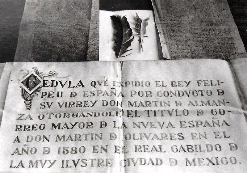 Nombramiento de Correo Mayor a Martín de Olivares (1580), mediante cédula del rey de España Felipe II. SCT.