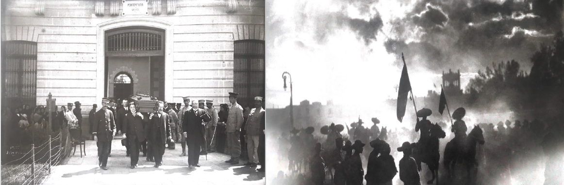 Asesinado en la Penitenciaría de Lecumberri, los restos de Francisco I Madero.png Asesinado en la Penitenciaría de Lecumberri, los restos de Francisco I. Madero fueron trasladados al panteón Francés de La Piedad, mientras que los revolucionarios se dirigieron a la guerra montados a caballo, en convoyes de tren y a pie. Fotos recuperadas del libro: Manuel Ramos. Fervores y epifanías en el México Moderno.