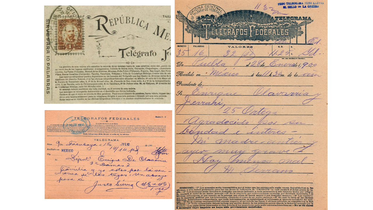 Durante el periodo 1890-1910, la transmisión telegráfica en México creció notablemente.png De 1890 a 1910, la transmisión telegráfica en México creció notablemente, pues mientras que, en la última década del siglo XIX, se enviaban desde las oficinas más de 778 mil telegramas, para 1910 salían casi 4 millones 800 mil. Fotos recuperadas: “El futuro del telégrafo en México” y “La era del telégrafo.”