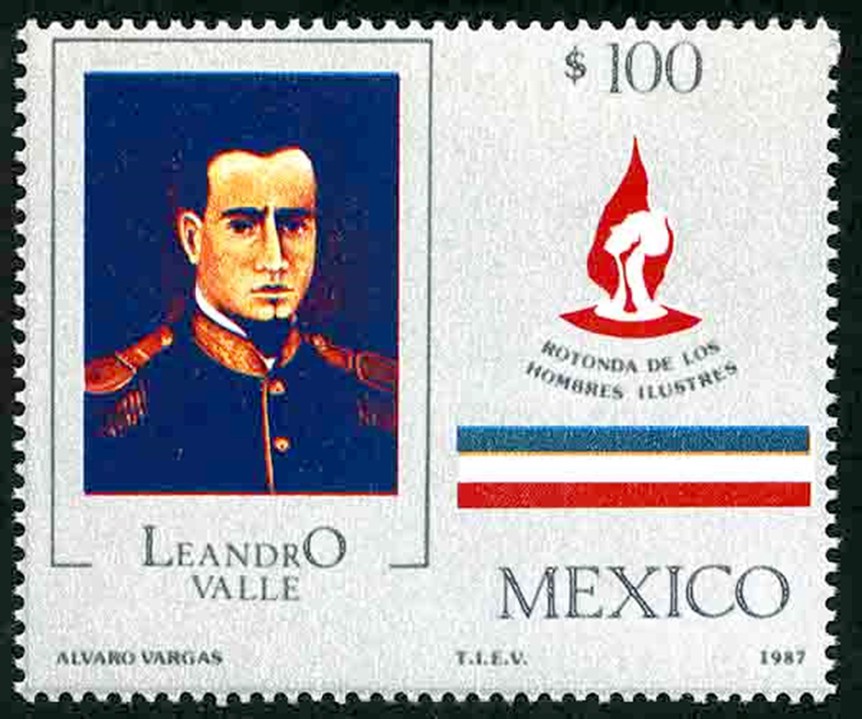 3 Estampilla que rinde homenaje al joven.jpg Estampilla que rinde homenaje al joven general Leandro Valle. https://www.greggnelsonstamps.com/product/1487-mexico-modern-scott-807-1499/