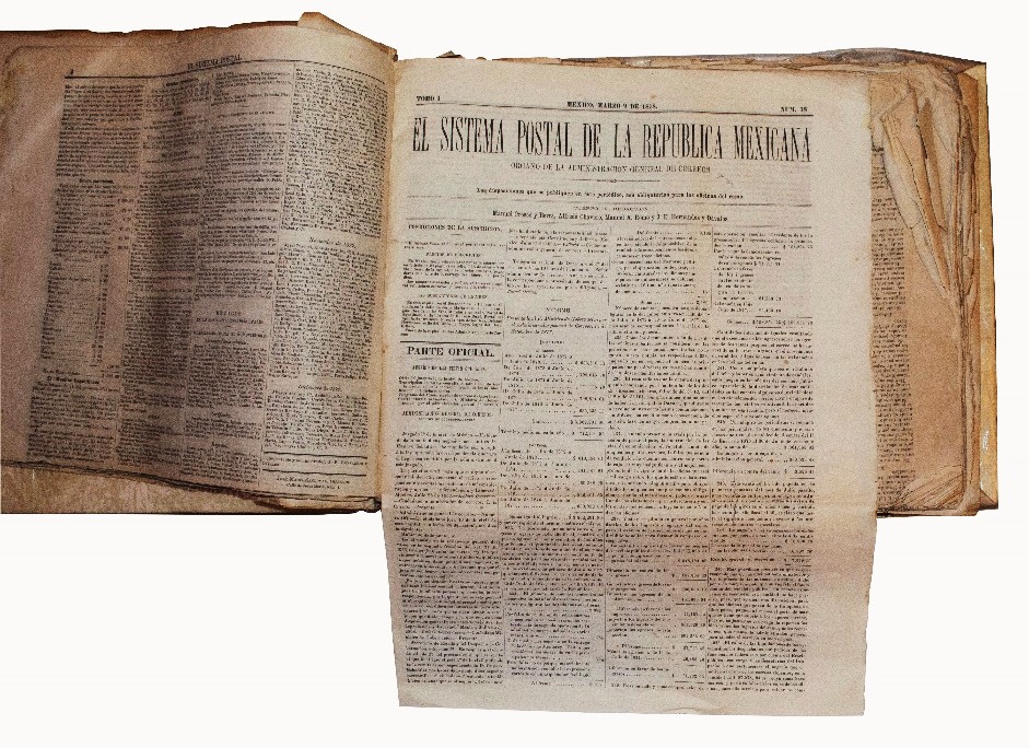 Tomo I Núm 18 del periódico El Sistema Postal de la República Mexicana.jpg Tomo I Núm. 18 del periódico El Sistema Postal de la República Mexicana, marzo 9 de 1878. Museo Palacio Postal. SEPOMEX.