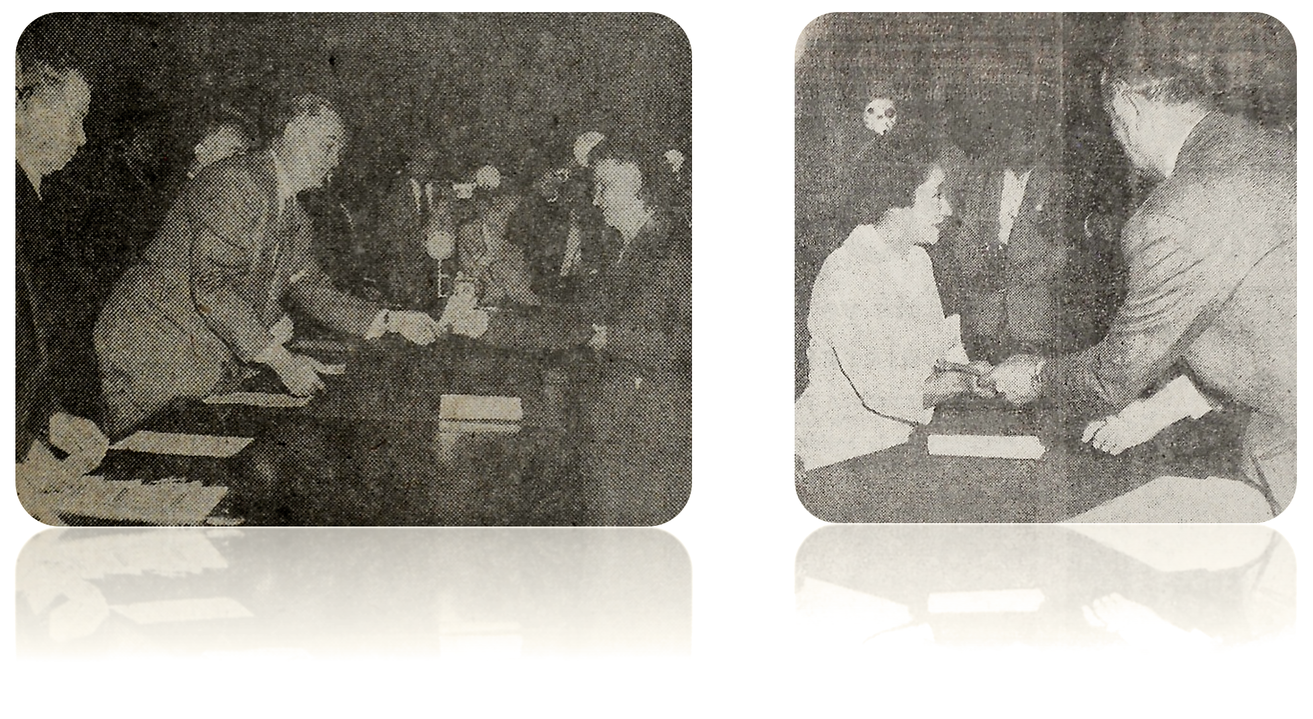 El Ing. Buchanan premia a la Sra. Ermila del Rello por sus 35 años de labor en el servicio postal. María Luisa Martínez González, trabajadora postal, también fue premiada. El Universal 13 de noviembre de 1958.