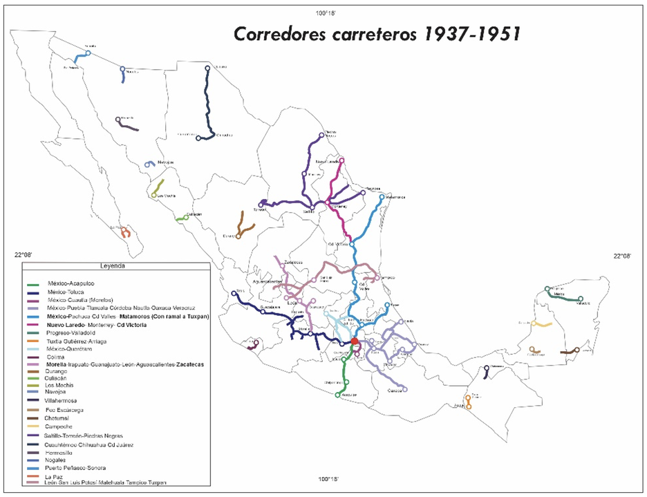 Para 1945 el desarrollo carretero y los medios de transporte tuvieron mejoras significativas, el país ya contaba con más de 12,000 kilómetros de carreteras federales construidas o modernizadas bajo supervisión directa de la SCOP. Mapa de corredores carreteros 1937-1952. Autora y digitalización: Fernanda Martínez Muñoz