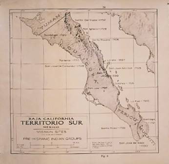Misiones establecidas.jpg Misiones establecidas en los siglos XVII y XVIII; y límites de los grupos prehispánicos de Baja California Sur. Reproducción autorizada por el INAH.