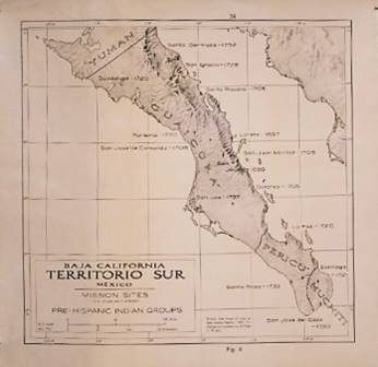 Misiones establecidas en los siglos XVII y XVIII; y límites de los grupos prehispánicos de Baja California Sur. Reproducción autorizada por el INAH.