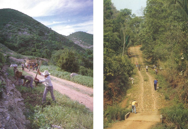 1 Dos caminos en construcción.jpg Dos caminos en construcción que formaron parte de los 1,100 caminos rurales terminados por la SCT: uno en el estado de Hidalgo, y el otro que va de la población de Silvano Gatica a la de Cacahuatán, Chiapas. Memorias SCT 1982-1988.