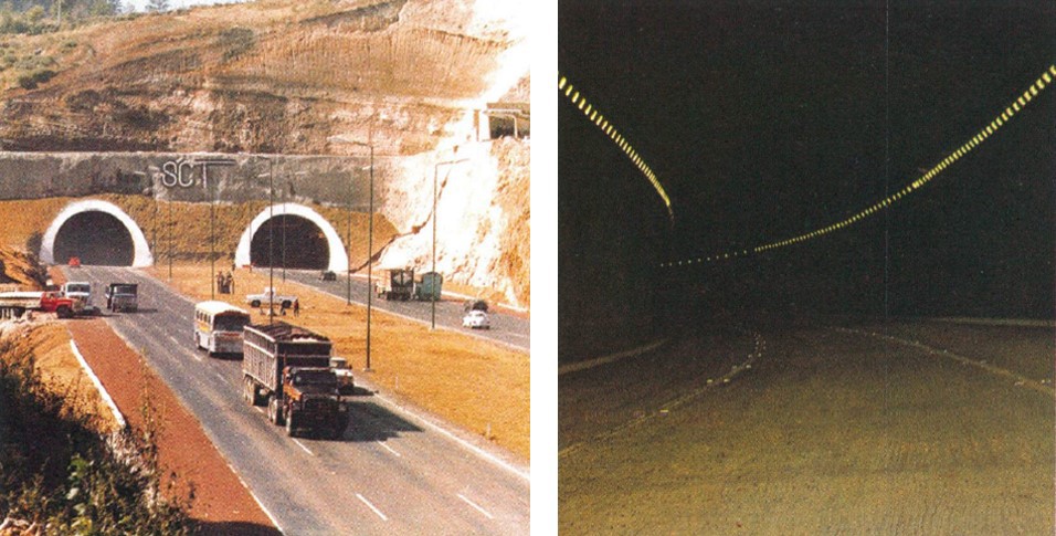 3 Entrada salida e interior del túnel de la carretera México-Toluca.jpg Entrada, salida e interior del túnel de la carretera México-Toluca, tramo La Venta-La Marquesa. Memorias de la SCT 1982-1988.