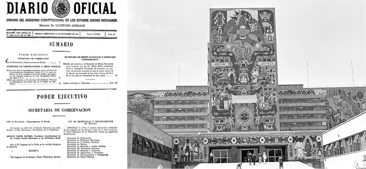 Hacia la mitad del siglo pasado, el gobierno federal delimitó las funciones de nuestra Secretaría, encomendándole dos sectores esenciales: comunicaciones y transportes. Imágenes recuperadas de: DOF y Revista Imágenes UNAM.