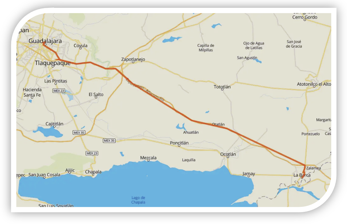 JALISCO 3.png 111 kilómetros separaban a las ciudades de Guadalajara y la Barca. https://mx.mejoresrutas.com/distancias/guadalajara-jal-mx/la-barca-mx/