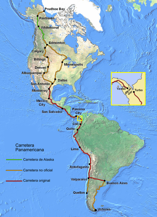 mapa que muestra el recorrido oroginal.jpg Mapa que muestra el recorrido original de la Carretera Panamericana. El tramo Nuevo Laredo-Ciudad de México fue el primero en realizarse en nuestro país. https://es.wikipedia.org/wiki/Carretera_Panamericana#/media/Archivo:Carretera.png