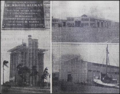 1 Placa alusiva a la inauguración de los muelles y bodegas.jpg Placa alusiva a la inauguración de los muelles y bodegas (derecha) y el nuevo edificio del Banco de México S. A. (abajo, izquierda), en el puerto de Veracruz. El Universal 12 de noviembre de 1952.