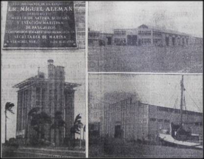 Placa alusiva a la inauguración de los muelles y bodegas (derecha) y el nuevo edificio del Banco de México S. A. (abajo, izquierda), en el puerto de Veracruz. El Universal 12 de noviembre de 1952.