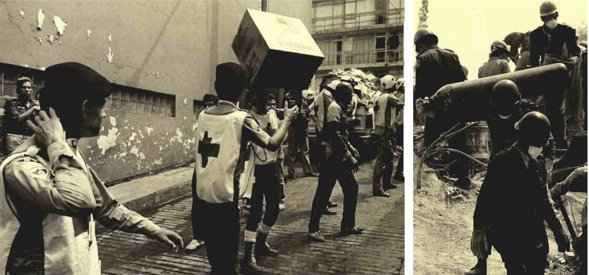 Con el fin de atender la emergencia, el gobierno federal ordenó la puesta en marcha del Plan DN-III para que el ejército mexicano ayudara en las labores de auxilio y de rescate, al igual que los cuerpos de atención médica, bomberos y seguridad pública. Fotos recuperadas del libro: 20 años después. Los sismos de 1985