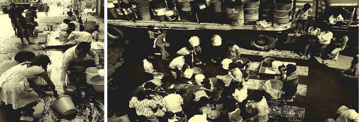 En las horas y días posteriores a los sismos, los servicios de agua y electricidad se vieron suspendidos en amplias zonas de la capital mexicana, convirtiendo su reparación y restablecimiento en una tarea prioritaria para el gobierno federal. Fotos recuperadas del libro: 20 años después. Los sismos de 1985.