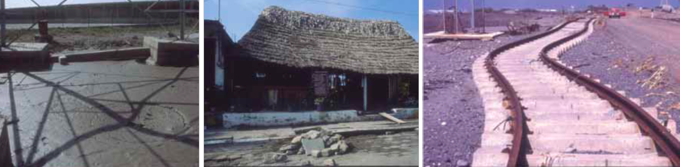 Pese a que la capital del país registró pérdidas materiales cuantiosas, la población de Lázaro Cárdenas, Michoacán, la más cercana al epicentro, sufrió daños considerables en casas, instalaciones industriales, la capitanía de puerto y las vías férreas, deformando el trazo de algunos tramos, inundándolos o destruyéndolos por completo. Fotos recuperadas de la revista: Geonoticias.